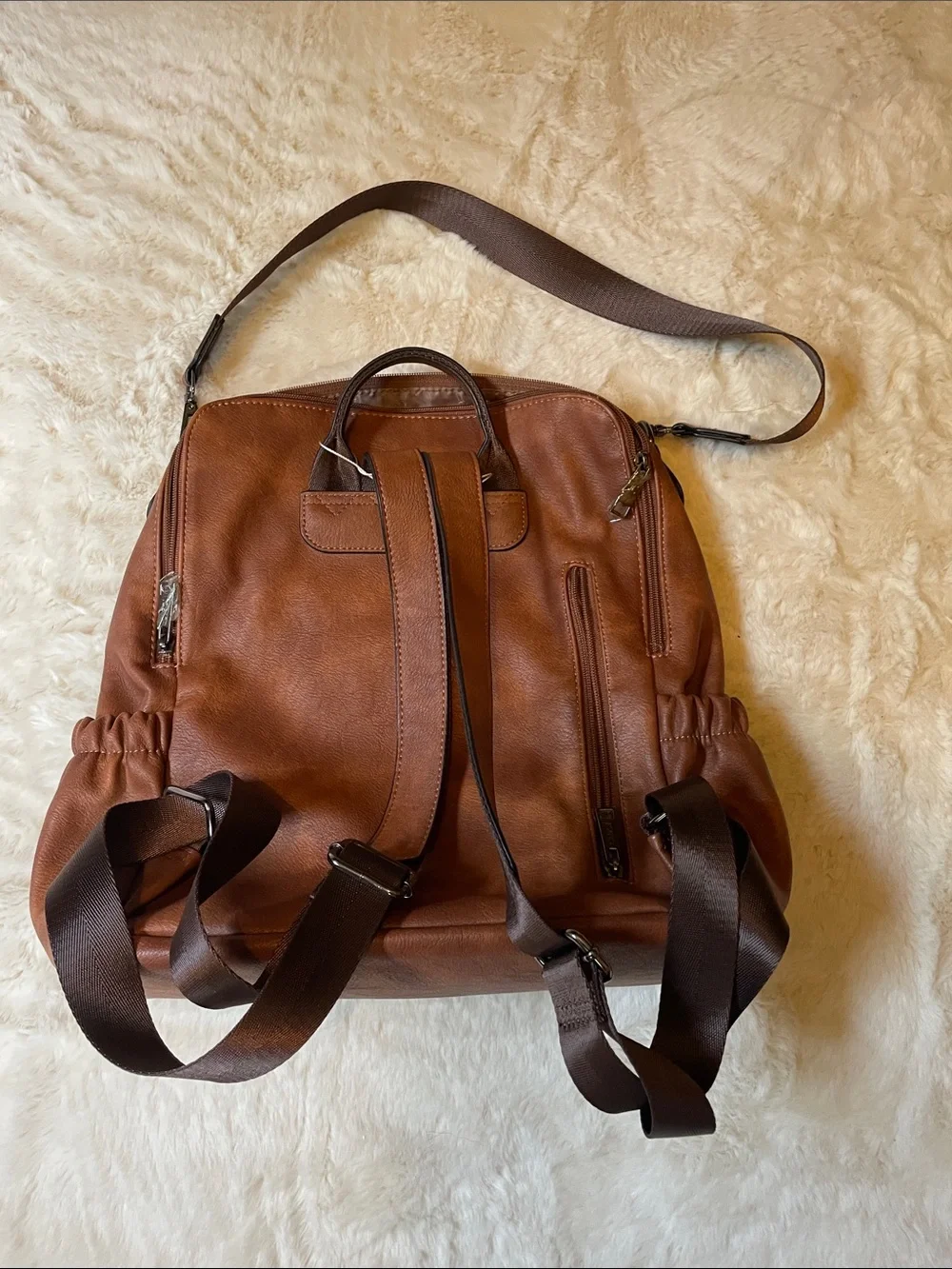 Brown Leather Backpack Handbag with Tassel Accent